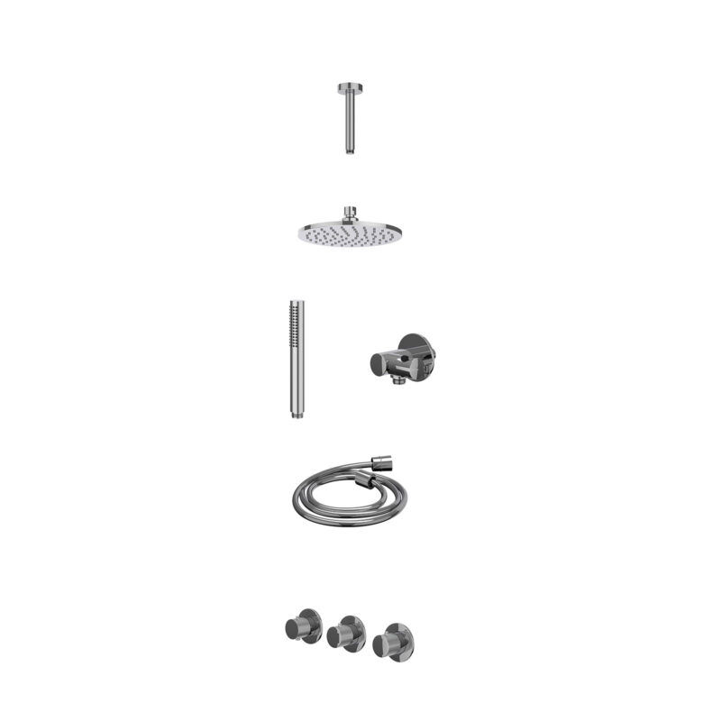 Excl. inbouwbox regendoucheset inbouwthermostaatkraan met 2 vaste stopkranen symmetry, plafondbuis 15cm, R20cmME, verstelbare steun met geïnt. uitlaat, doucheslang 150cm en staafmodel