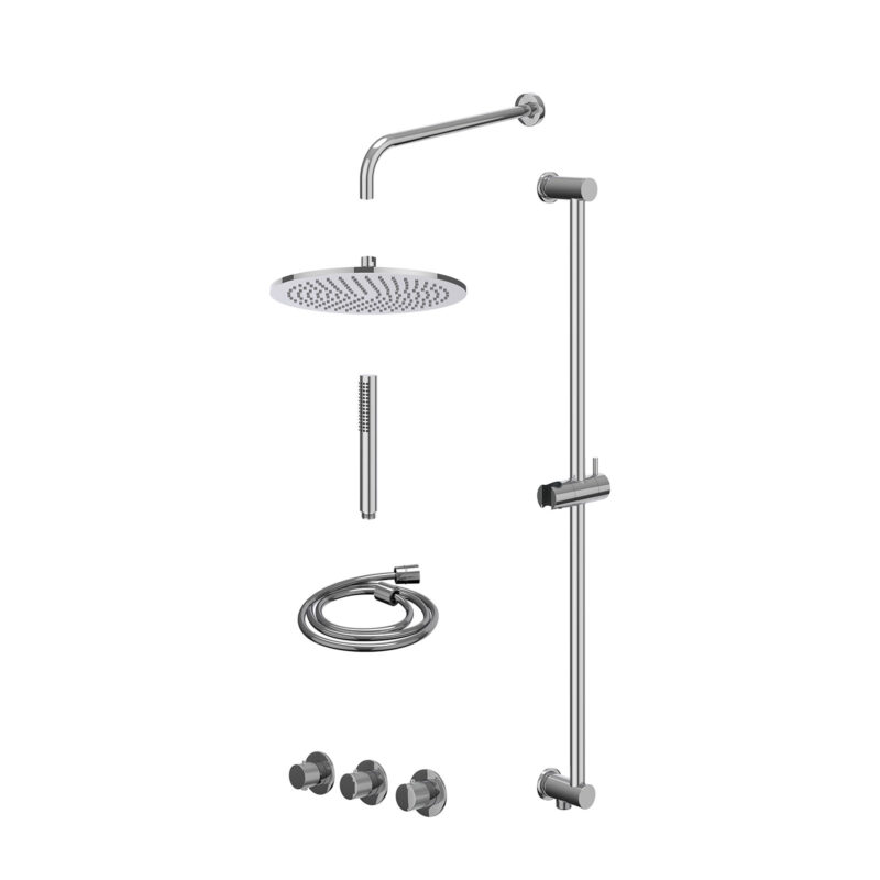 Excl. inbouwbox regendoucheset inbouwthermostaatkraan met 2 vaste stopkranen symmetry, wandarm, R30cmME, glijstang met uitlaat, doucheslang 150cm en staafmodel