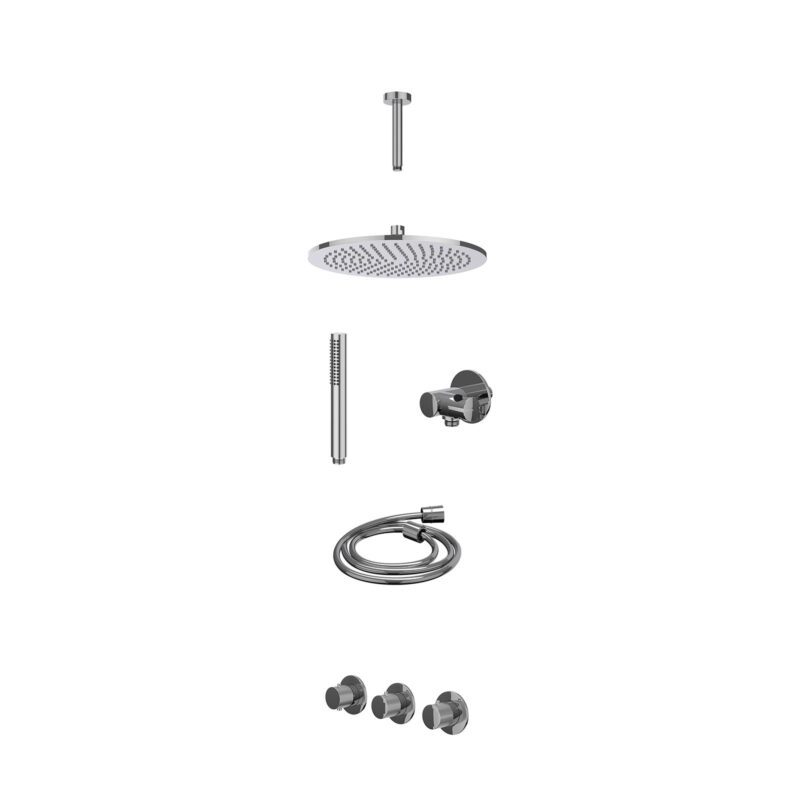 Excl. inbouwbox regendoucheset inbouwthermostaatkraan met 2 vaste stopkranen symmetry, plafondbuis 15cm, R30cmME, verstelbare steun met geïnt. uitlaat, doucheslang 150cm en staafmodel