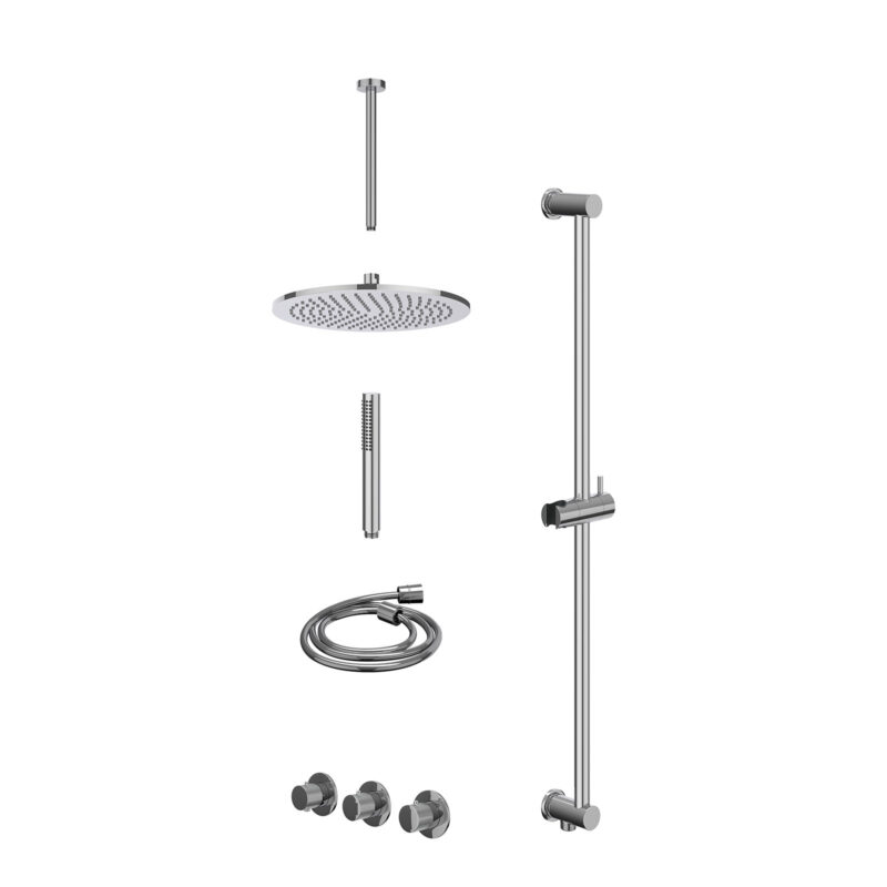 Excl. inbouwbox regendoucheset inbouwthermostaatkraan met 2 vaste stopkranen symmetry, plafondbuis 30cm, R30cmME, glijstang met uitlaat, doucheslang 150cm en staafmodel