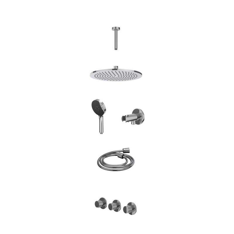 Excl. inbouwbox regendoucheset inbouwthermostaatkraan met 2 vaste stopkranen symmetry, plafondbuis 15cm, R30cmME, houder met uitlaat, doucheslang 150cm en 3-standen handdouche