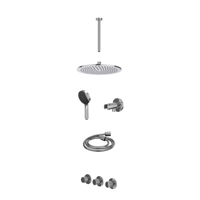Excl. inbouwbox regendoucheset inbouwthermostaatkraan met 2 vaste stopkranen symmetry, plafondbuis 30cm, R30cmME, houder met uitlaat, doucheslang 150cm en 3-standen handdouche