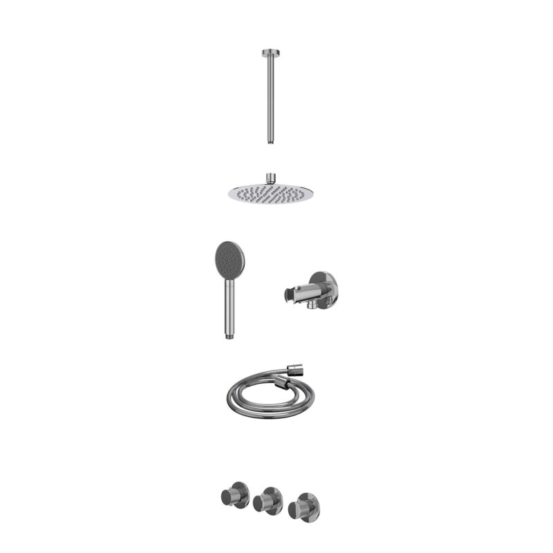 Excl. inbouwbox regendoucheset inbouwthermostaatkraan met 2 vaste stopkranen symmetry, plafondbuis 30cm, R20cmSL, houder met uitlaat, doucheslang 150cm en satin spray handdouche