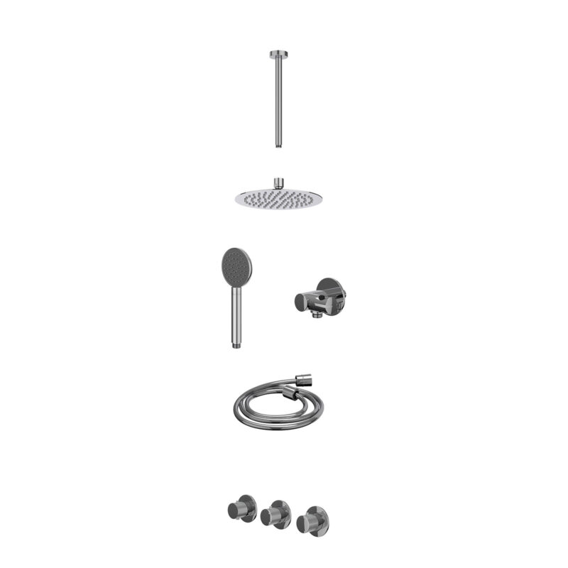 Excl. inbouwbox regendoucheset inbouwthermostaatkraan met 2 vaste stopkranen symmetry, plafondbuis 30cm, R20cmSL, verstelbare steun met geïnt. uitlaat, doucheslang 150cm en satin spray handdouche