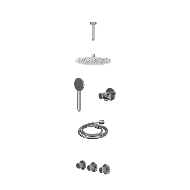 Excl. inbouwbox regendoucheset inbouwthermostaatkraan met 2 vaste stopkranen symmetry, plafondbuis 15cm, R25cmSL, verstelbare steun met geïnt. uitlaat, doucheslang 150cm en satin spray handdouche