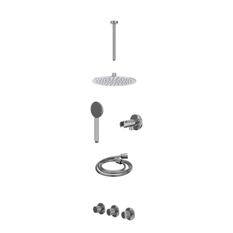 Winkelwagen 55 Excl. inbouwbox regendoucheset inbouwthermostaatkraan met 2 vaste stopkranen symmetry, plafondbuis 30cm, R25cmSL, houder met uitlaat, doucheslang 150cm en satin spray handdouche