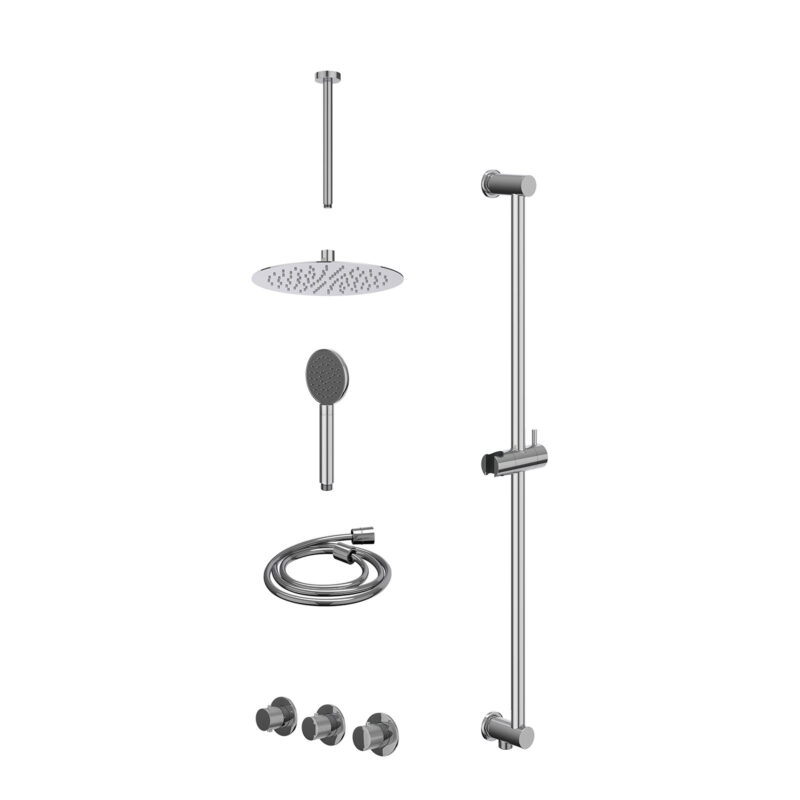 Winkelwagen 6 Excl. inbouwbox regendoucheset inbouwthermostaatkraan met 2 vaste stopkranen symmetry, plafondbuis 30cm, R25cmSL, glijstang met uitlaat, doucheslang 150cm en satin spray handdouche