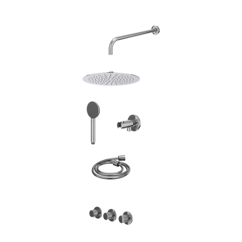 Winkelwagen 13 Excl. inbouwbox regendoucheset inbouwthermostaatkraan met 2 vaste stopkranen symmetry, wandarm, R30cmSL, houder met uitlaat, doucheslang 150cm en satin spray handdouche