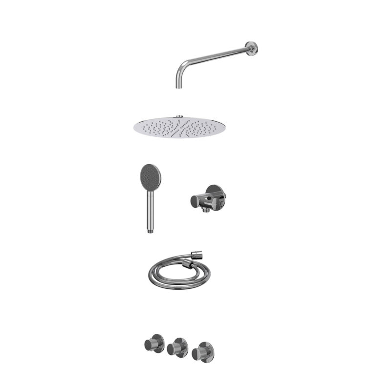 Excl. inbouwbox regendoucheset inbouwthermostaatkraan met 2 vaste stopkranen symmetry, wandarm, R30cmSL, verstelbare steun met geïnt. uitlaat, doucheslang 150cm en satin spray handdouche