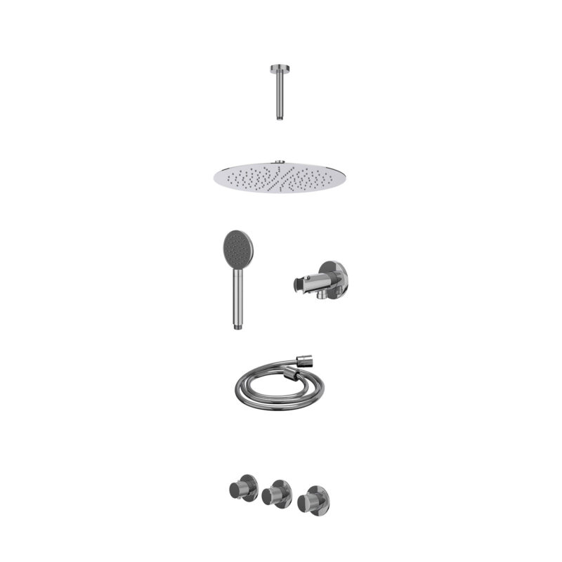 Excl. inbouwbox regendoucheset inbouwthermostaatkraan met 2 vaste stopkranen symmetry, plafondbuis 15cm, R30cmSL, houder met uitlaat, doucheslang 150cm en satin spray handdouche