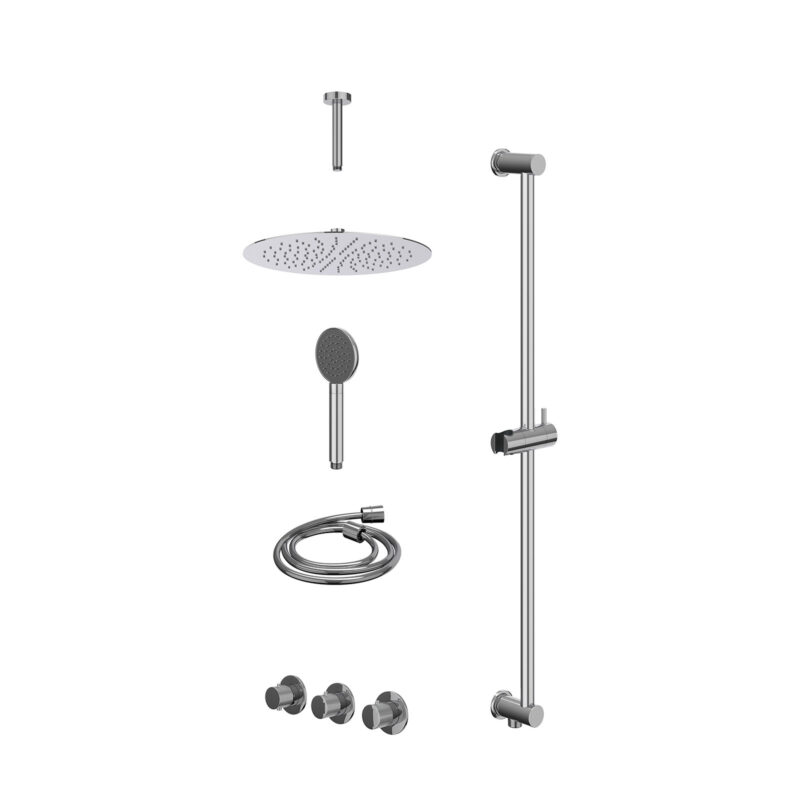 Excl. inbouwbox regendoucheset inbouwthermostaatkraan met 2 vaste stopkranen symmetry, plafondbuis 15cm, R30cmSL, glijstang met uitlaat, doucheslang 150cm en satin spray handdouche