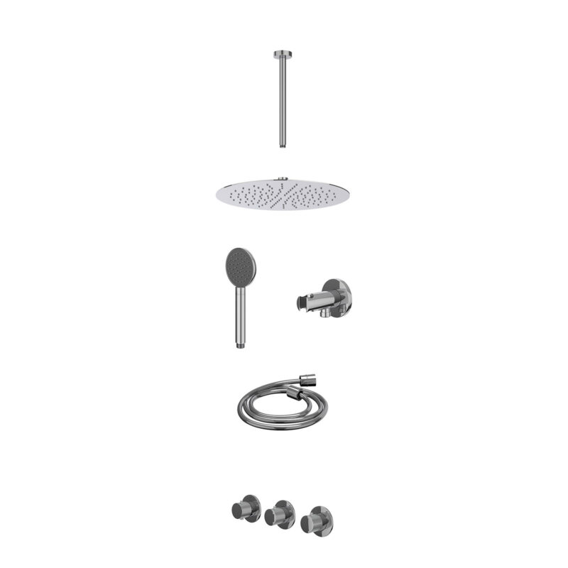 Winkelwagen 55 Excl. inbouwbox regendoucheset inbouwthermostaatkraan met 2 vaste stopkranen symmetry, plafondbuis 30cm, R30cmSL, houder met uitlaat, doucheslang 150cm en satin spray handdouche