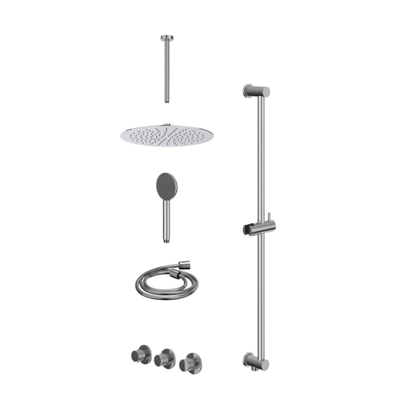 Winkelwagen 12 Excl. inbouwbox regendoucheset inbouwthermostaatkraan met 2 vaste stopkranen symmetry, plafondbuis 30cm, R30cmSL, glijstang met uitlaat, doucheslang 150cm en satin spray handdouche
