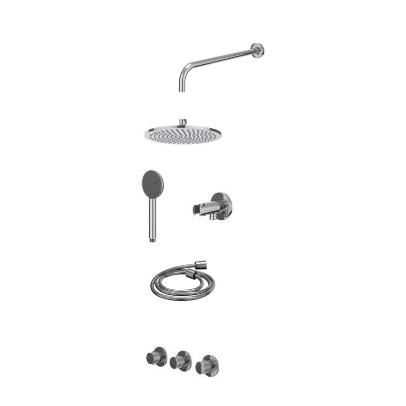 Winkelwagen 7 Excl. inbouwbox regendoucheset inbouwthermostaatkraan met 2 vaste stopkranen symmetry, wandarm, R25cmME, houder met uitlaat, doucheslang 150cm en satin spray handdouche
