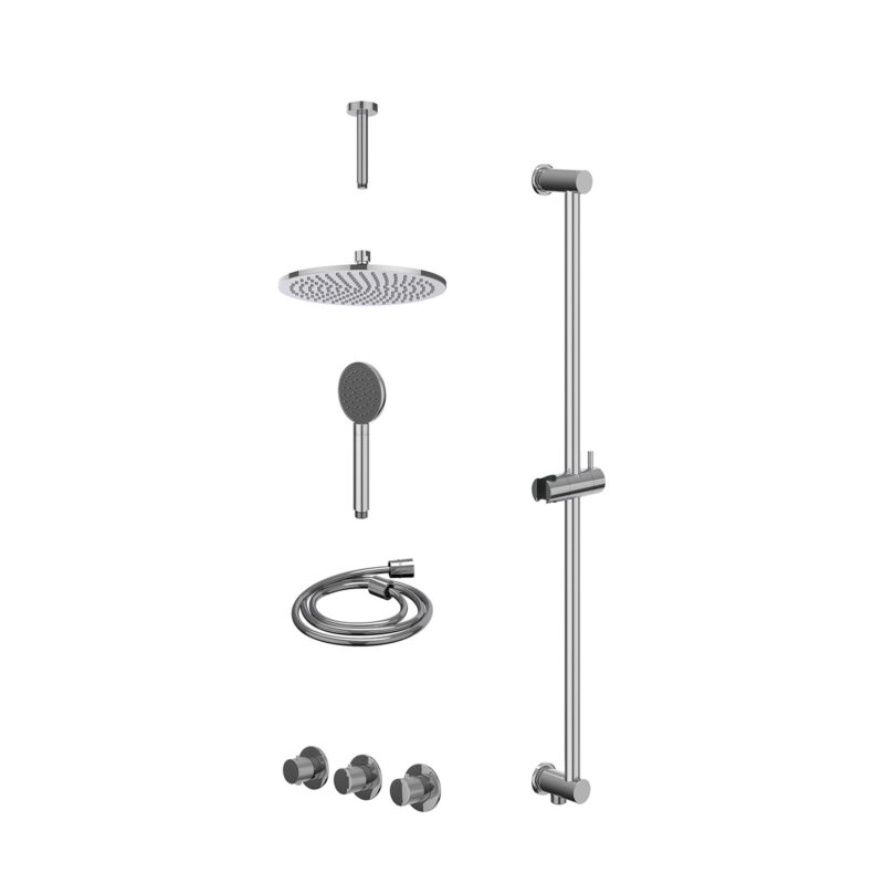 Excl. inbouwbox regendoucheset inbouwthermostaatkraan met 2 vaste stopkranen symmetry, plafondbuis 15cm, R25cmME, glijstang met uitlaat, doucheslang 150cm en satin spray handdouche