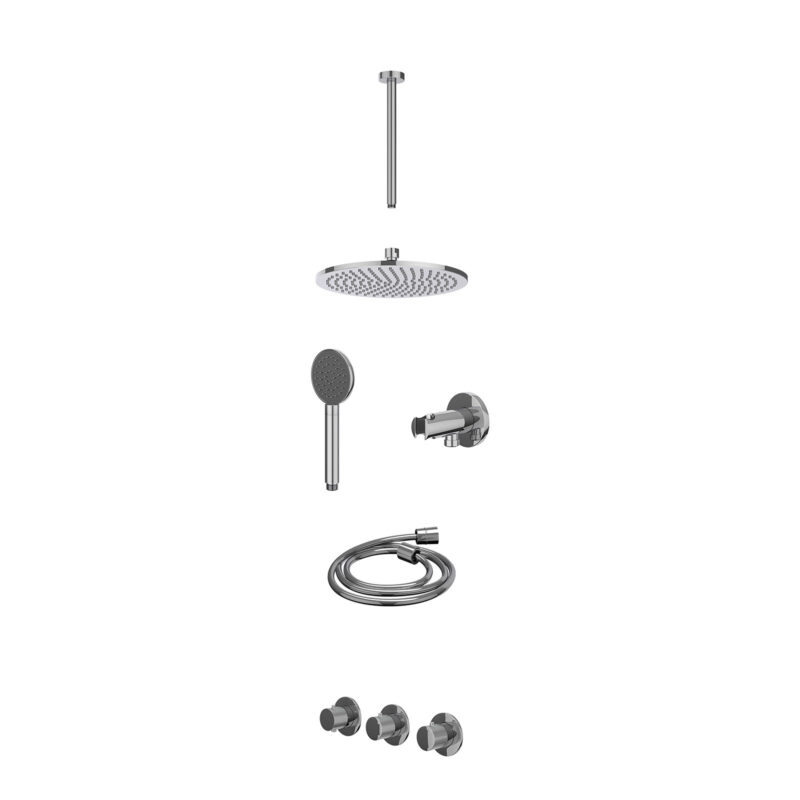 Excl. inbouwbox regendoucheset inbouwthermostaatkraan met 2 vaste stopkranen symmetry, plafondbuis 30cm, R25cmME, houder met uitlaat, doucheslang 150cm en satin spray handdouche