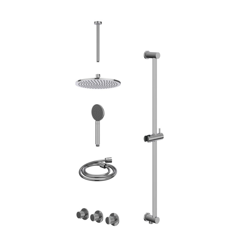 Winkelwagen 10 Excl. inbouwbox regendoucheset inbouwthermostaatkraan met 2 vaste stopkranen symmetry, plafondbuis 30cm, R25cmME, glijstang met uitlaat, doucheslang 150cm en satin spray handdouche