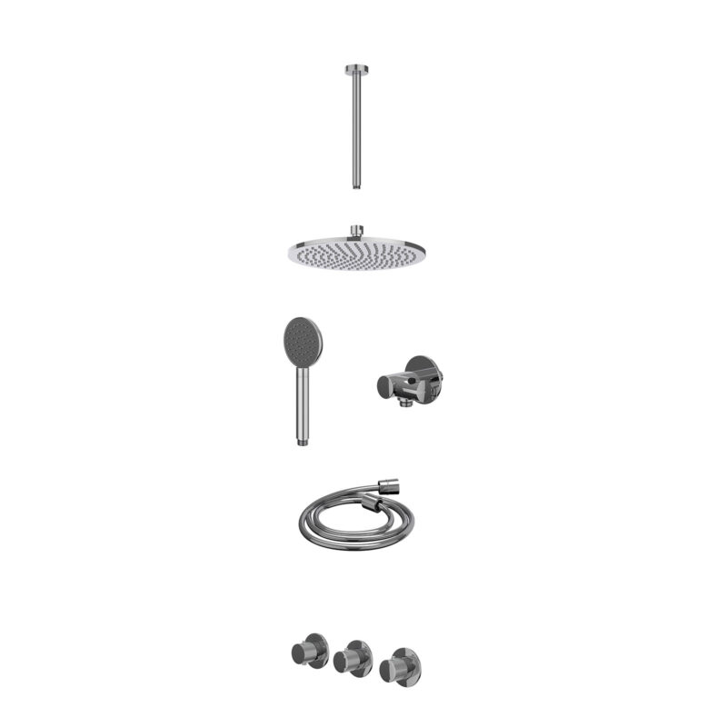 Excl. inbouwbox regendoucheset inbouwthermostaatkraan met 2 vaste stopkranen symmetry, plafondbuis 30cm, R25cmME, verstelbare steun met geïnt. uitlaat, doucheslang 150cm en satin spray handdouche