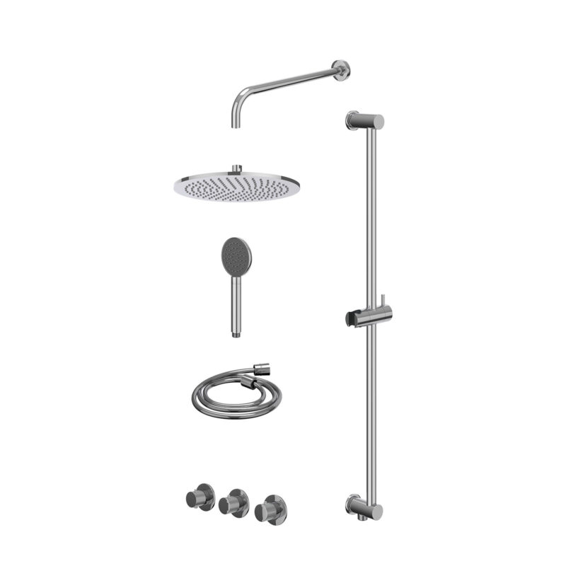 Excl. inbouwbox regendoucheset inbouwthermostaatkraan met 2 vaste stopkranen symmetry, wandarm, R30cmME, glijstang met uitlaat, doucheslang 150cm en satin spray handdouche