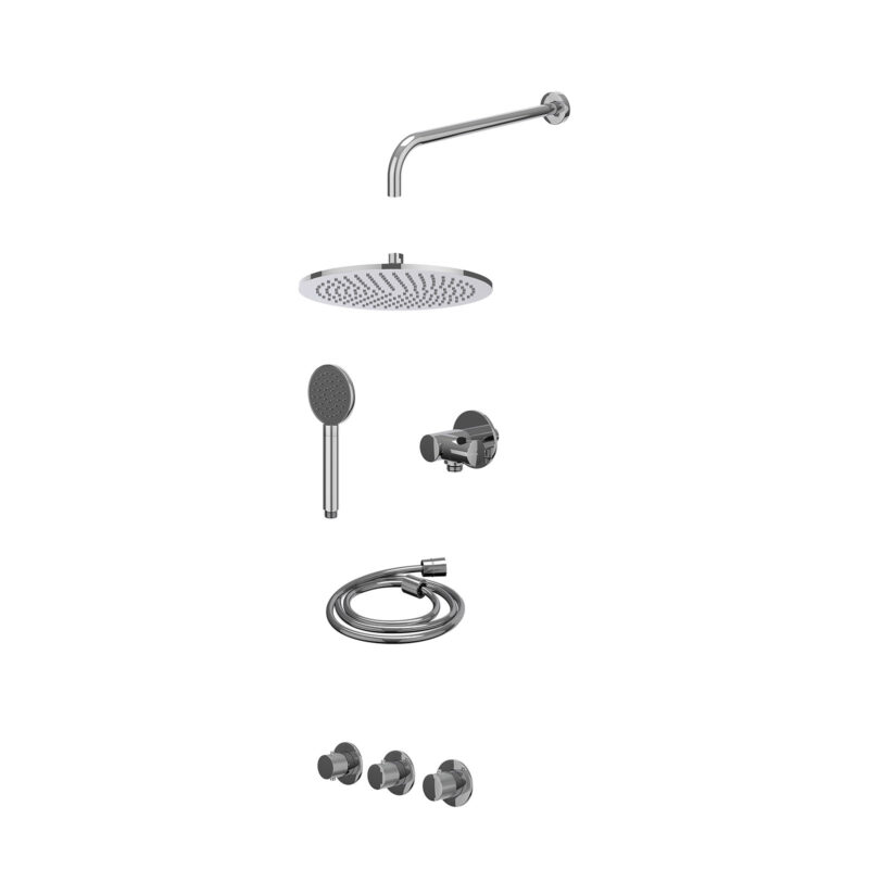 Excl. inbouwbox regendoucheset inbouwthermostaatkraan met 2 vaste stopkranen symmetry, wandarm, R30cmME, verstelbare steun met geïnt. uitlaat, doucheslang 150cm en satin spray handdouche