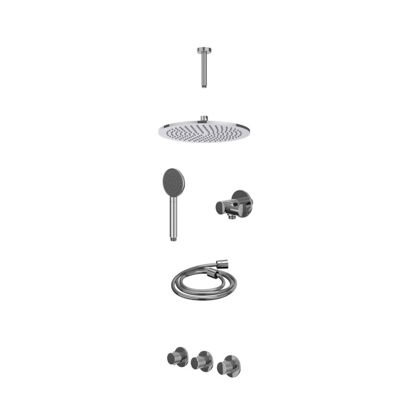 Winkelwagen 44 Excl. inbouwbox regendoucheset inbouwthermostaatkraan met 2 vaste stopkranen symmetry, plafondbuis 15cm, R30cmME, verstelbare steun met geïnt. uitlaat, doucheslang 150cm en satin spray handdouche