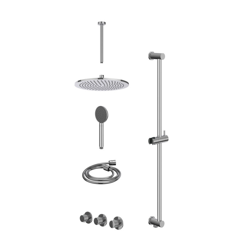 Excl. inbouwbox regendoucheset inbouwthermostaatkraan met 2 vaste stopkranen symmetry, plafondbuis 30cm, R30cmME, glijstang met uitlaat, doucheslang 150cm en satin spray handdouche