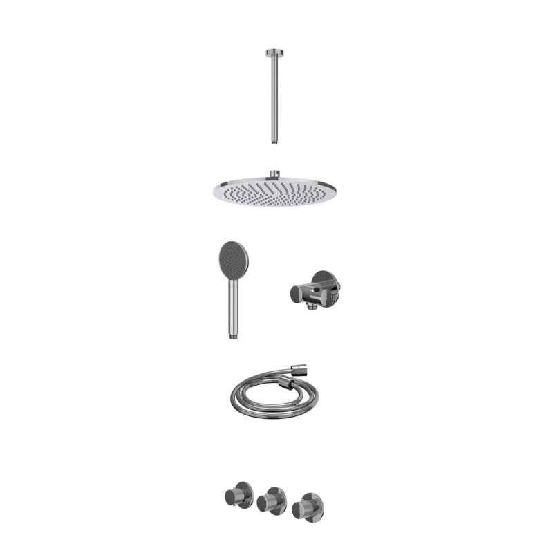 Winkelwagen 42 Excl. inbouwbox regendoucheset inbouwthermostaatkraan met 2 vaste stopkranen symmetry, plafondbuis 30cm, R30cmME, verstelbare steun met geïnt. uitlaat, doucheslang 150cm en satin spray handdouche