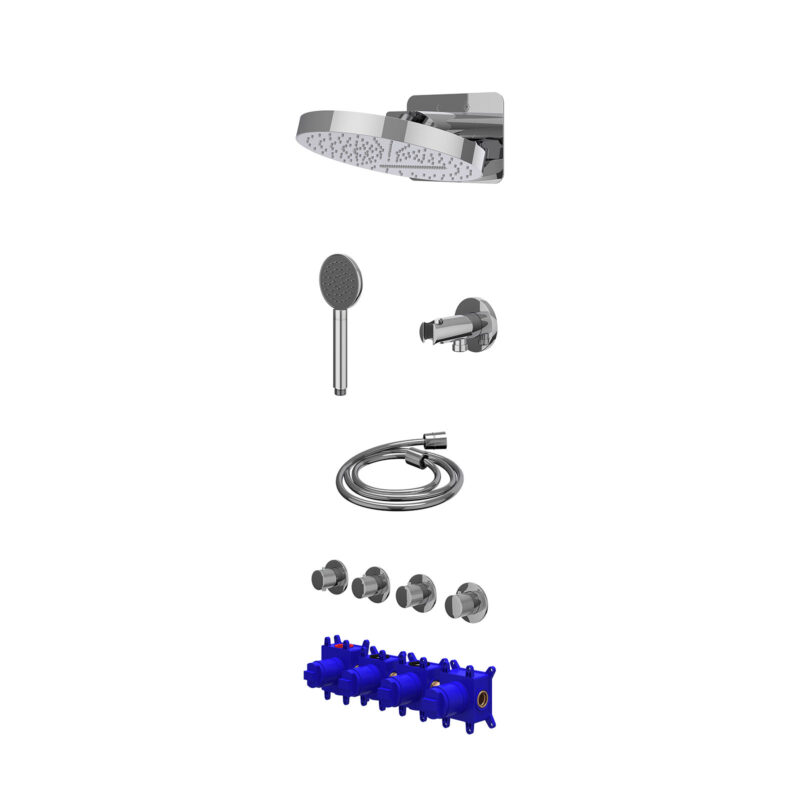 Regendoucheset inbouwthermostaatkraan met 3 losse stopkranen symmetry, HALO hoofddouche, satin spray handdouche en wandsteun met geïnt. uitlaat