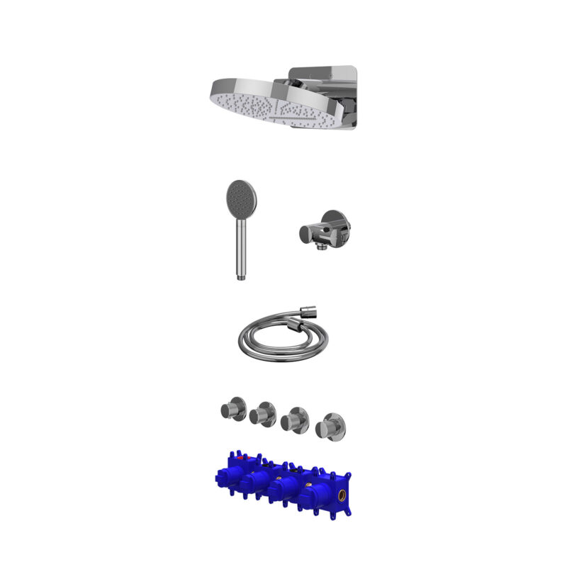 Regendoucheset inbouwthermostaatkraan met 3 losse stopkranen symmetry, HALO hoofddouche, satin spray handdouche en verstelbare wandsteun met geïnt. uitlaat