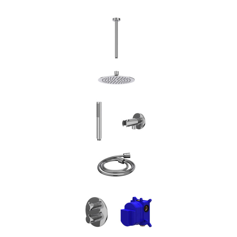 Regendoucheset inbouwthermostaatkraan met 2-weg stop-omstel, plafondbuis 30cm, R20cmSL, houder met uitlaat, doucheslang 150cm