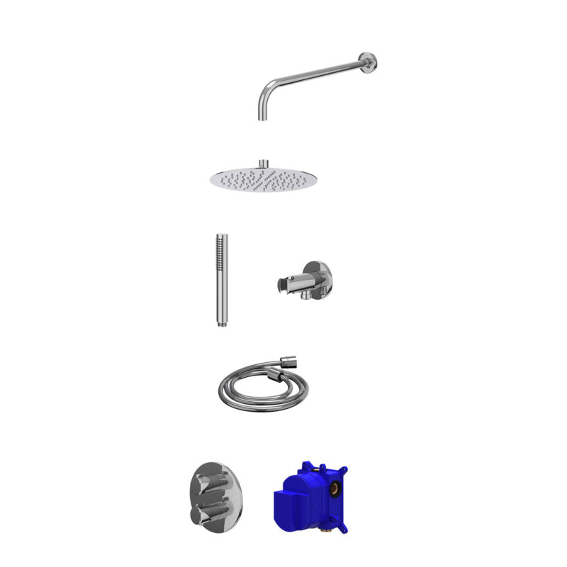Regendoucheset inbouwthermostaatkraan met 2-weg stop-omstel, wandarm, R25cmSL, houder met uitlaat, doucheslang 150cm en staafmodel