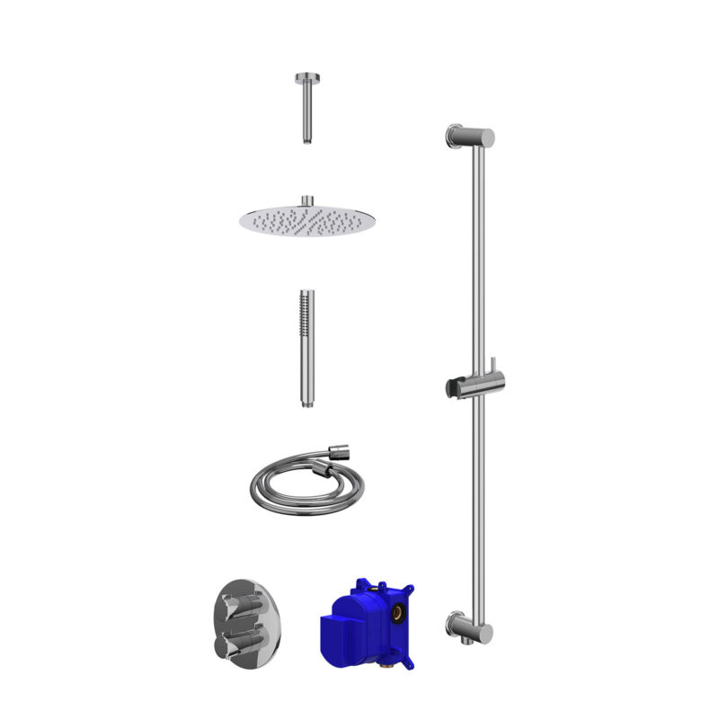 Regendoucheset inbouwthermostaatkraan met 2-weg stop-omstel, plafondbuis 15cm, R25cmSL, glijstang met uitlaat, doucheslang 150cm en staafmodel