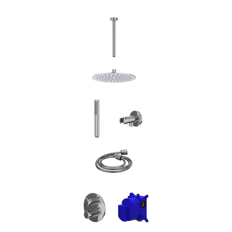 Regendoucheset inbouwthermostaatkraan met 2-weg stop-omstel, plafondbuis 30cm, R25cmSL, houder met uitlaat, doucheslang 150cm en staafmodel