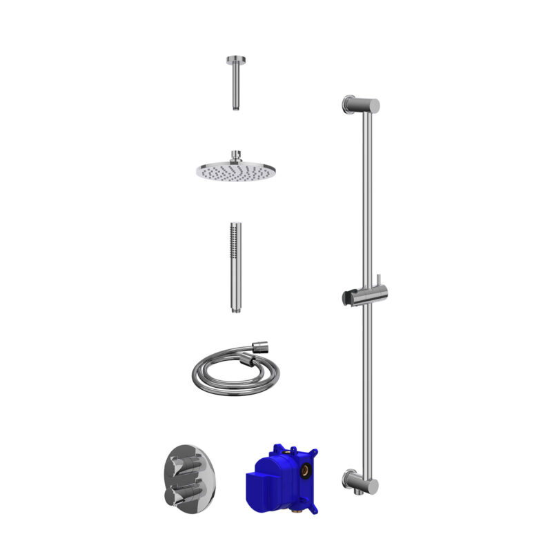 Regendoucheset inbouwthermostaatkraan met 2-weg stop-omstel, plafondbuis 15cm, R20cmME, glijstang met uitlaat, doucheslang 150cm en staafmodel