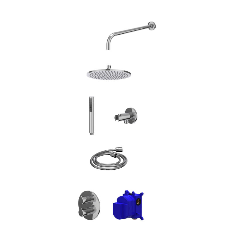 Regendoucheset inbouwthermostaatkraan met 2-weg stop-omstel, wandarm, R25cmME, houder met uitlaat, doucheslang 150cm en staafmodel