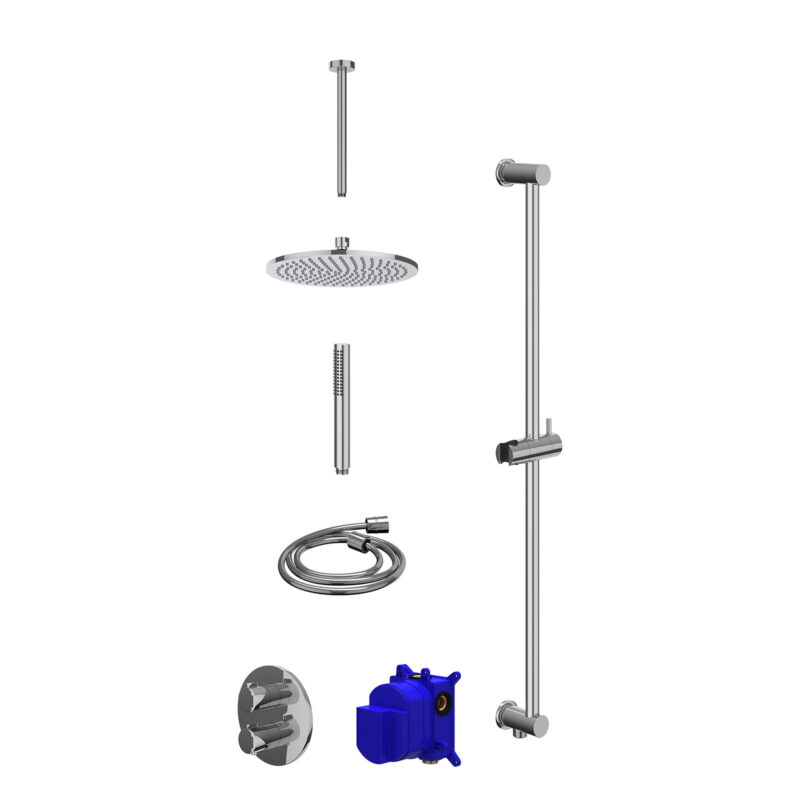 Regendoucheset inbouwthermostaatkraan met 2-weg stop-omstel, plafondbuis 30cm, R25cmME, glijstang met uitlaat, doucheslang 150cm en staafmodel