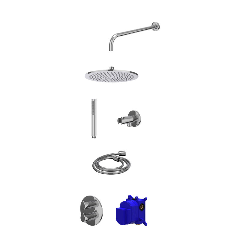 Regendoucheset inbouwthermostaatkraan met 2-weg stop-omstel, wandarm, R30cmME, houder met uitlaat, doucheslang 150cm en staafmodel