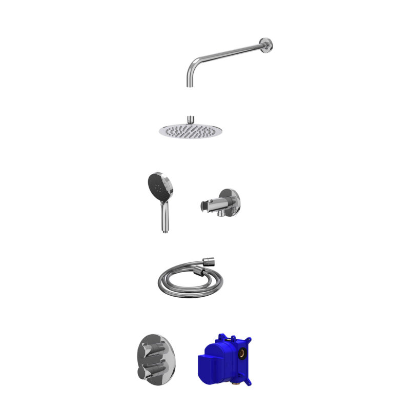 Regendoucheset inbouwthermostaatkraan met 2-weg stop-omstel, wandarm, R20cmSL, houder met uitlaat, doucheslang 150cm en 3-standen handdouche