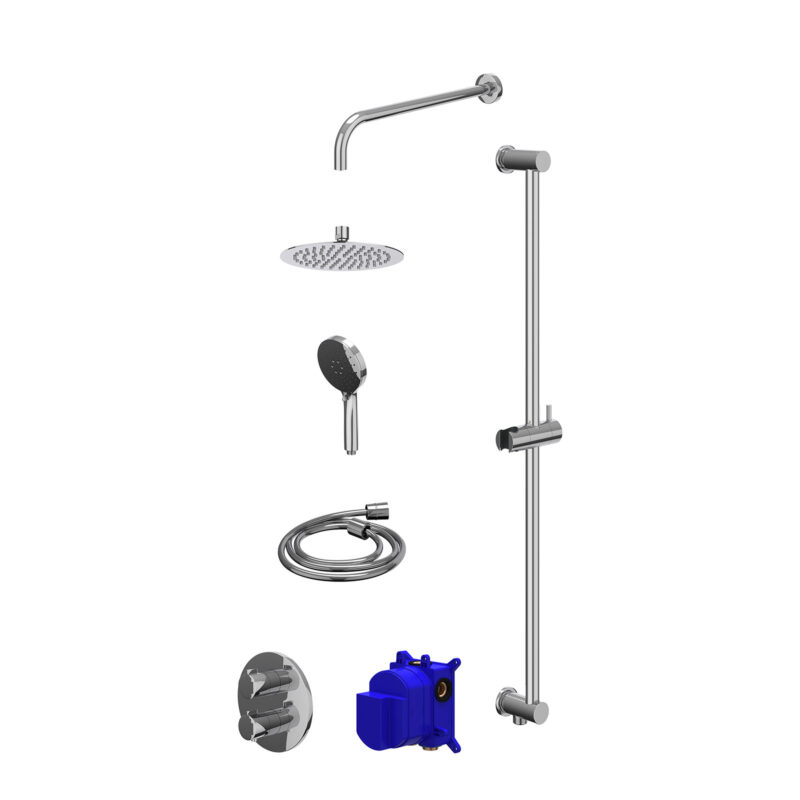 Regendoucheset inbouwthermostaatkraan met 2-weg stop-omstel, wandarm, R20cmSL, glijstang met uitlaat, doucheslang 150cm en 3-standen handdouche