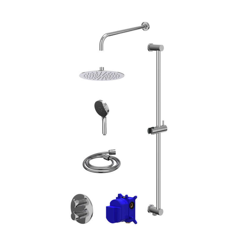 Winkelwagen 26 Regendoucheset inbouwthermostaatkraan met 2-weg stop-omstel, wandarm, R25cmSL, glijstang met uitlaat, doucheslang 150cm en 3-standen handdouche