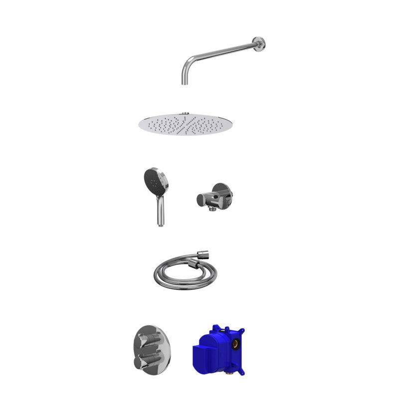 Winkelwagen 36 Regendoucheset inbouwthermostaatkraan met 2-weg stop-omstel, wandarm, R30cmSL, verstelbare steun met geïnt. uitlaat, doucheslang 150cm en 3-standen handdouche