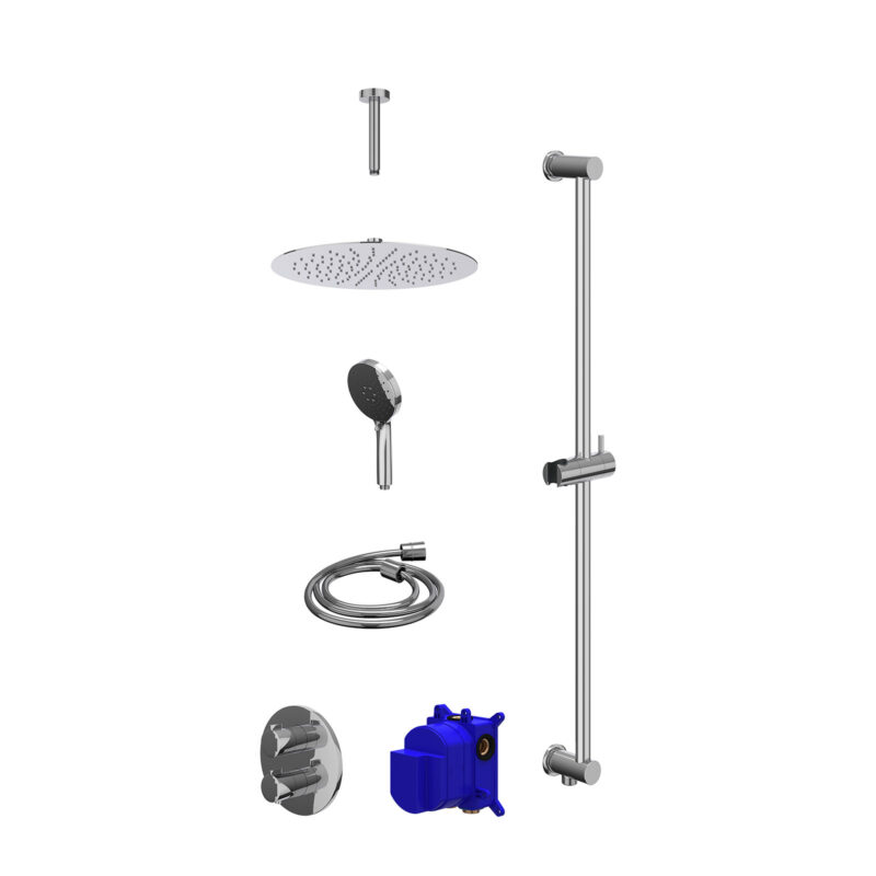 Winkelwagen 30 Regendoucheset inbouwthermostaatkraan met 2-weg stop-omstel, plafondbuis 15cm, R30cmSL, glijstang met uitlaat, doucheslang 150cm en 3-standen handdouche