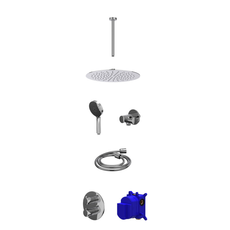 Regendoucheset inbouwthermostaatkraan met 2-weg stop-omstel, plafondbuis 30cm, R30cmSL, verstelbare steun met geïnt. uitlaat, doucheslang 150cm en 3-standen handdouche