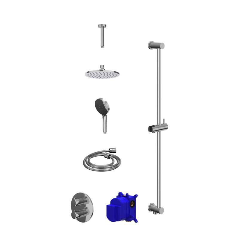 Regendoucheset inbouwthermostaatkraan met 2-weg stop-omstel, plafondbuis 15cm, R20cmME, glijstang met uitlaat, doucheslang 150cm en 3-standen handdouche