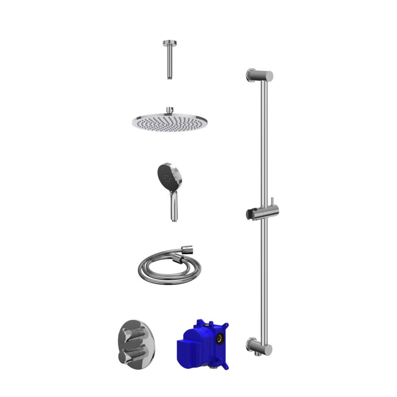 Winkelwagen 11 Regendoucheset inbouwthermostaatkraan met 2-weg stop-omstel, plafondbuis 15cm, R25cmME, glijstang met uitlaat, doucheslang 150cm en 3-standen handdouche