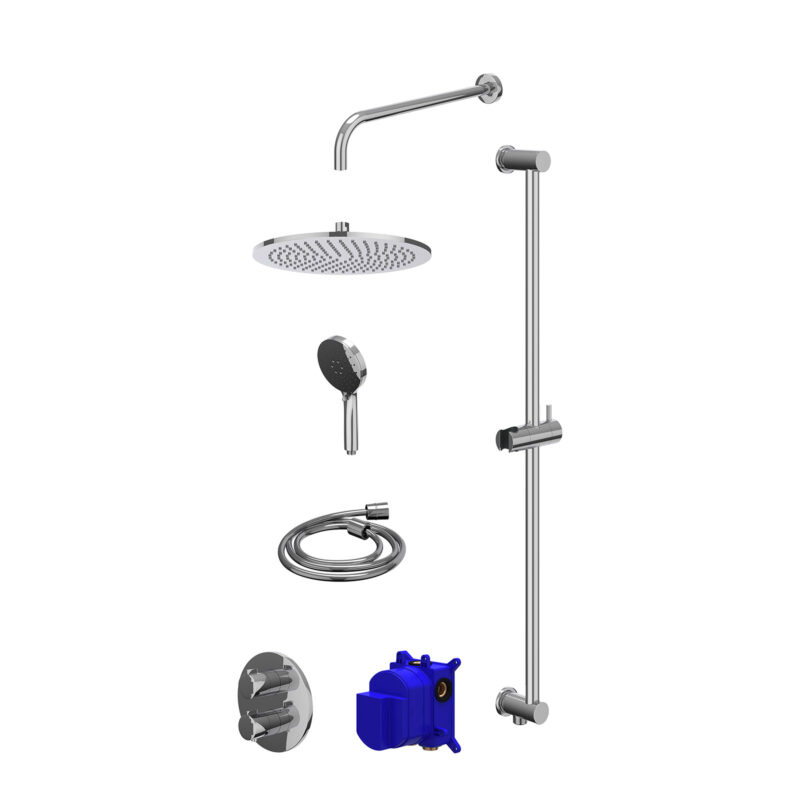 Regendoucheset inbouwthermostaatkraan met 2-weg stop-omstel, wandarm, R30cmME, glijstang met uitlaat, doucheslang 150cm en 3-standen handdouche