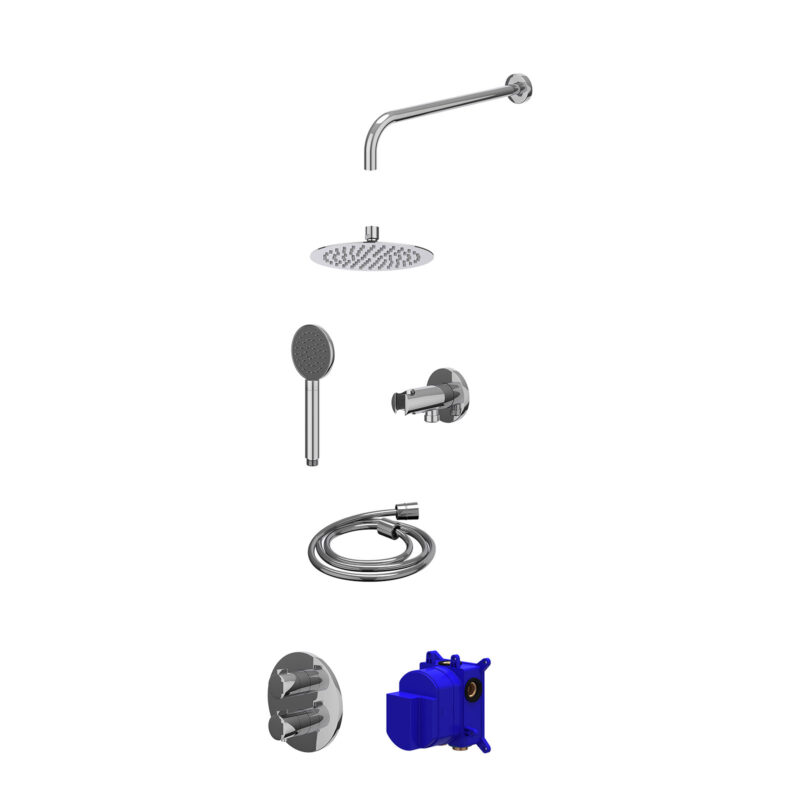 Regendoucheset inbouwthermostaatkraan met 2-weg stop-omstel, wandarm, R20cmSL, houder met uitlaat, doucheslang 150cm en satin