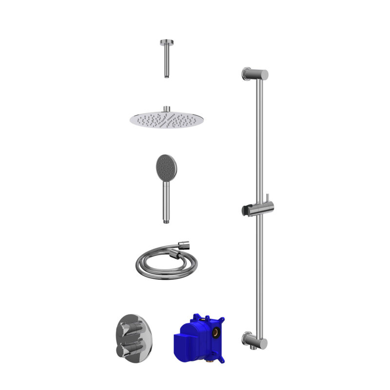 Regendoucheset inbouwthermostaatkraan met 2-weg stop-omstel, plafondbuis 15cm, R25cmSL, glijstang met uitlaat, doucheslang 15