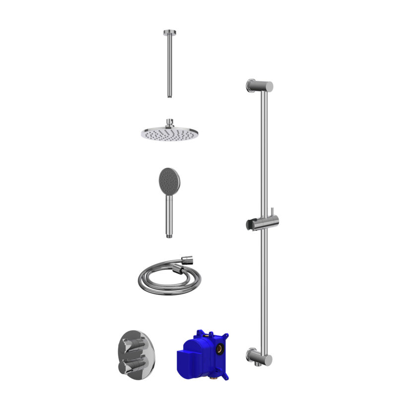 Regendoucheset inbouwthermostaatkraan met 2-weg stop-omstel, plafondbuis 30cm, R20cmME, glijstang met uitlaat, doucheslang 150cm en satin spray handdouche