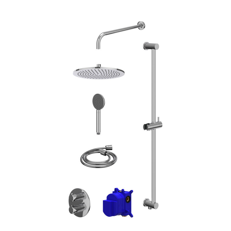 Winkelwagen 48 Regendoucheset inbouwthermostaatkraan met 2-weg stop-omstel, wandarm, R30cmME, glijstang met uitlaat, doucheslang 150cm en satin spray handdouche